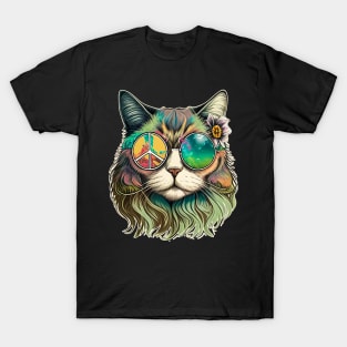 Flower Power Kitty Cat Hippie Love T-Shirt